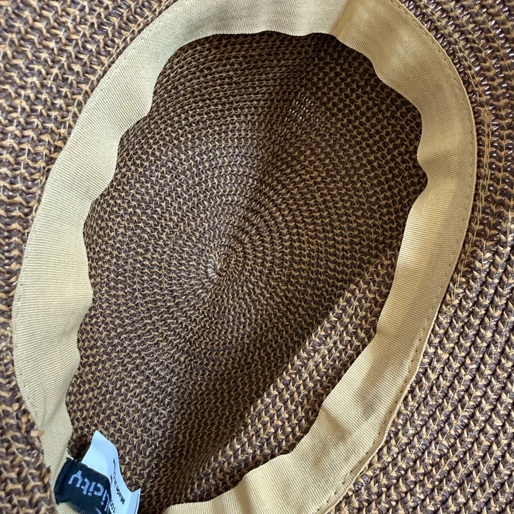 Simplicity Tan White Brim Straw Sun Hat with Brown Ribbon Tie